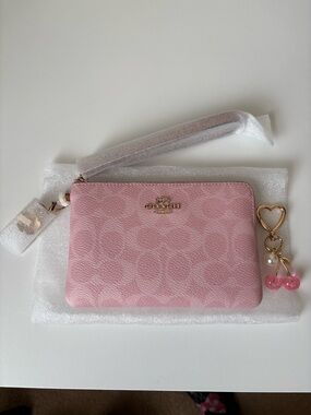 Coach Pink Powder Signature Zip Wristlet with Cherry Charm